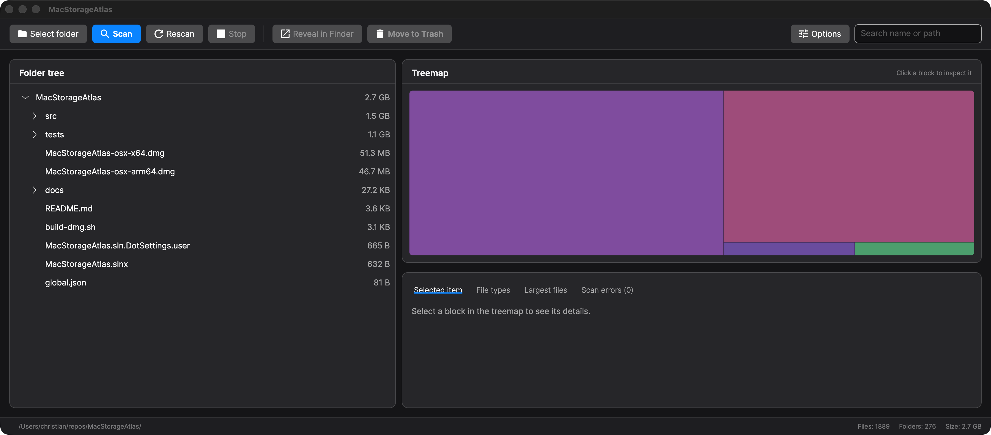 MacStorageAtlas folder tree and interactive treemap of a scanned folder