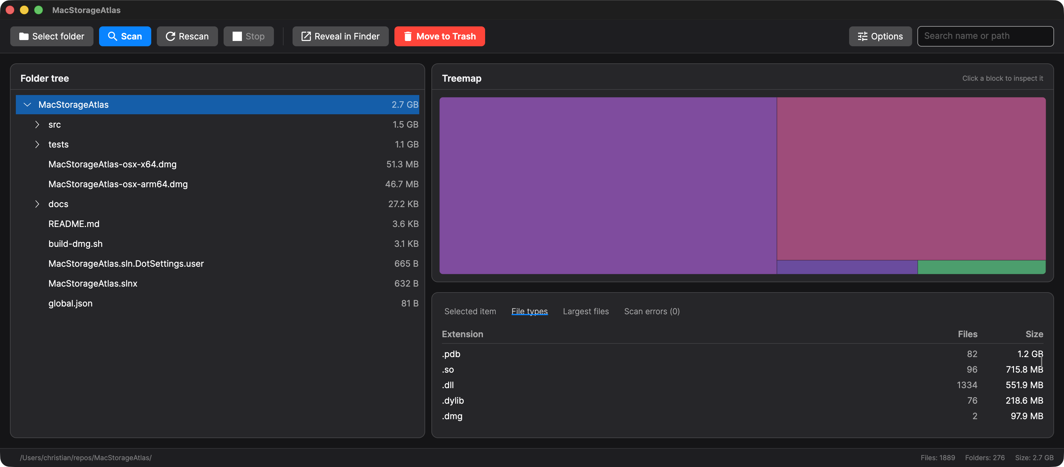 Storage grouped by file extension, with file counts and sizes