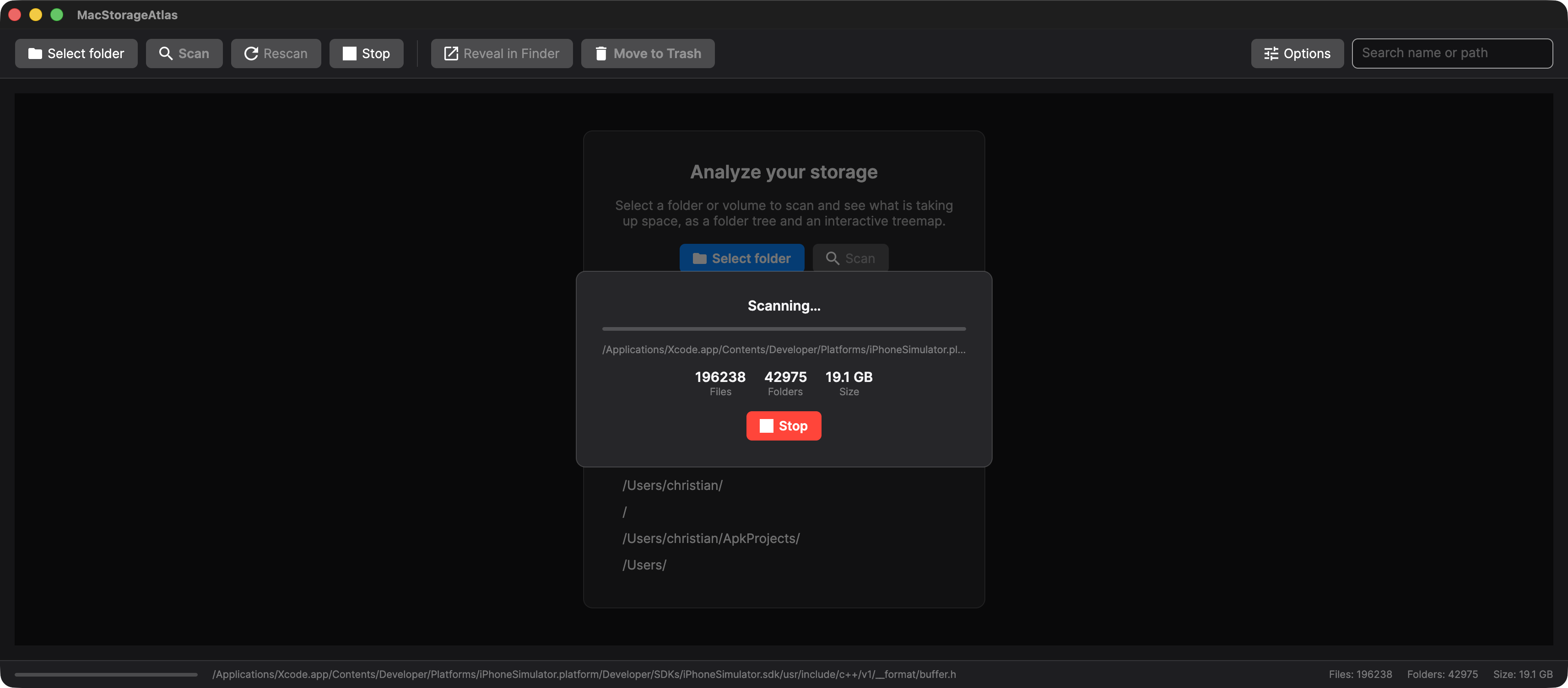 MacStorageAtlas live scan progress overlay showing current path, file and folder counts, and bytes scanned