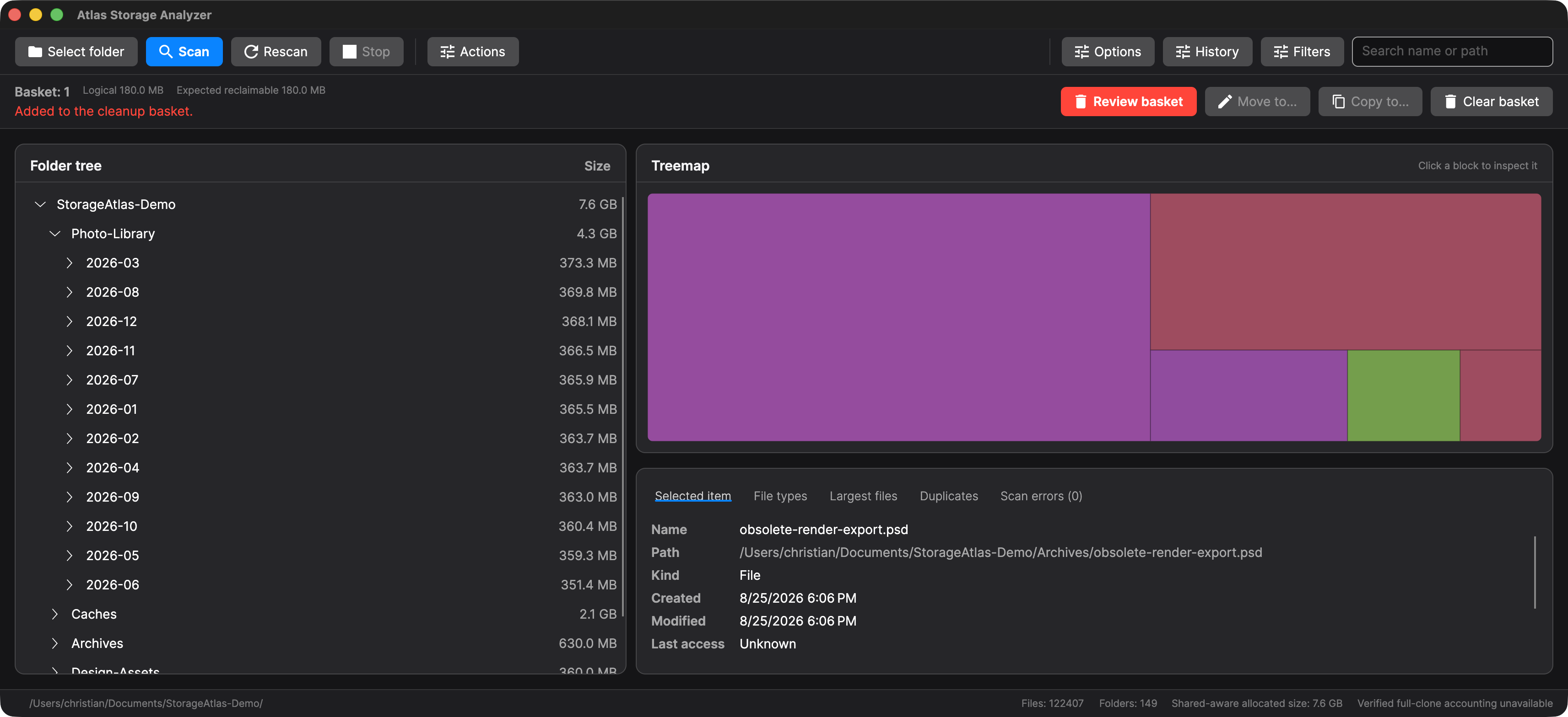 Cleanup basket summary with review, move, copy, and clear actions